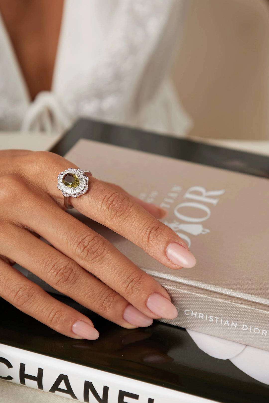 Bright Oval Peridot Crystal CZ Halo Ring, Rhodium Plated