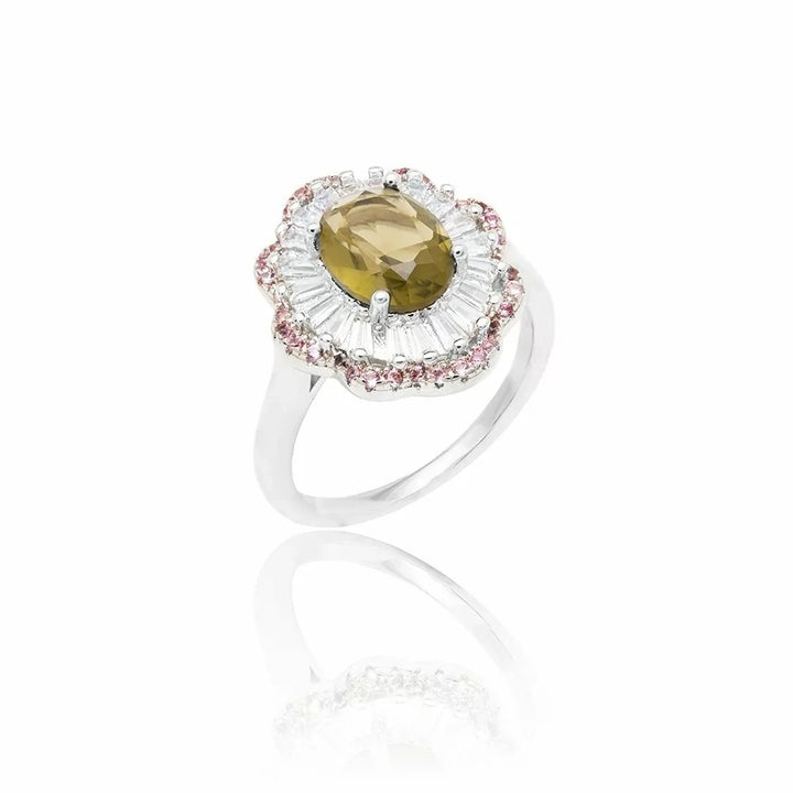Bright Oval Peridot Crystal CZ Halo Ring, Rhodium Plated