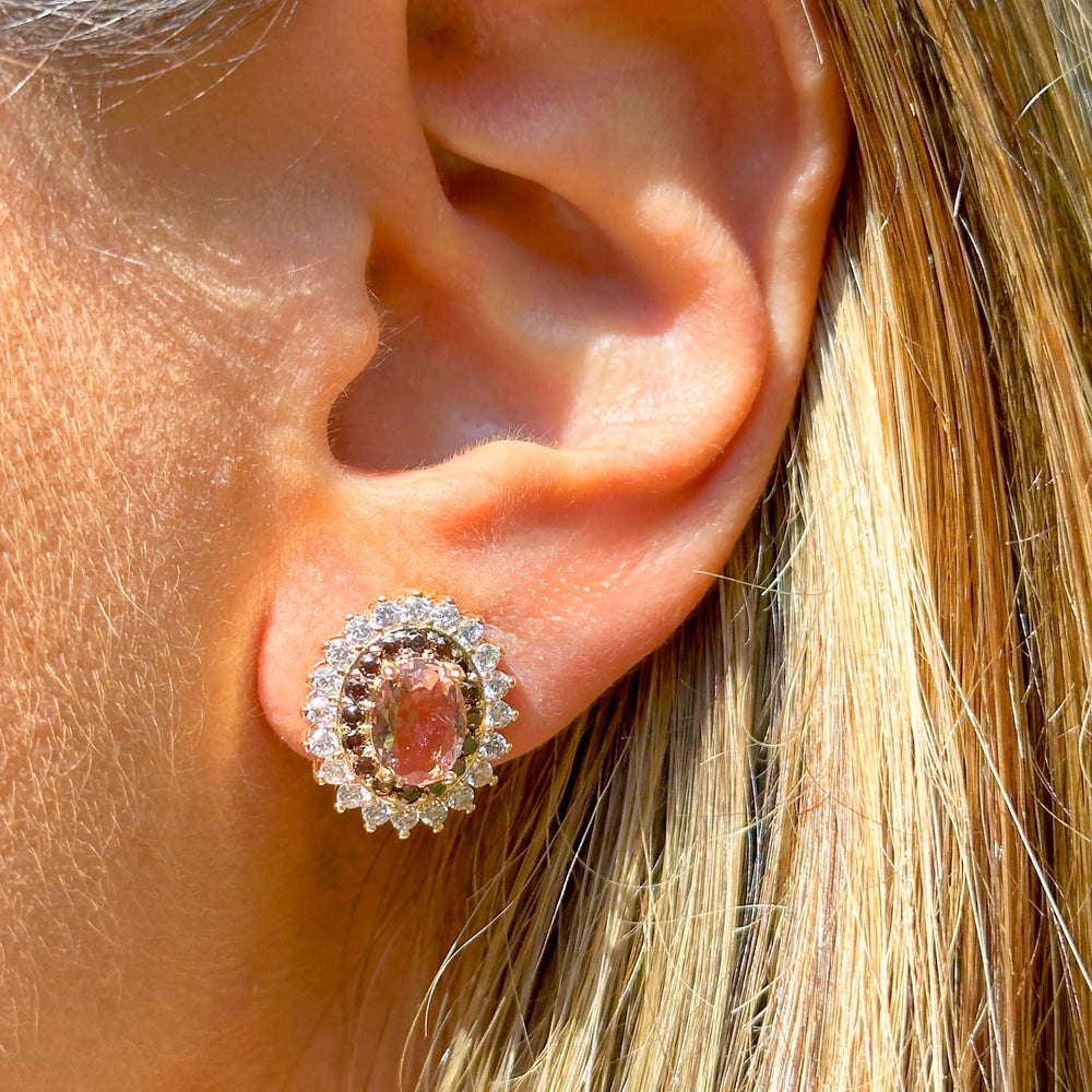Woman wears Bright Oval Rhodolite with white & brown Zirconia Statement Earrings, 18k Gold Filled Elladora Store Australia