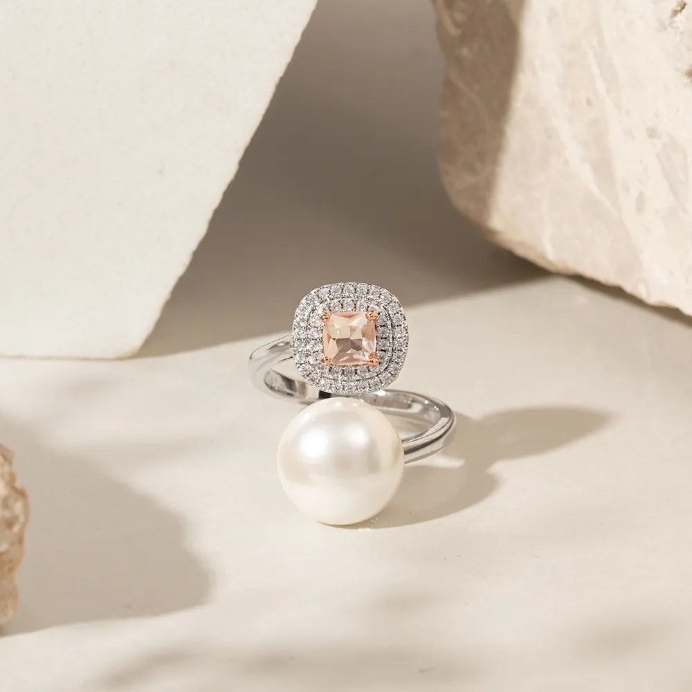 Bright Pearl Morganite Crystal Square Ring, Rhodium Plated