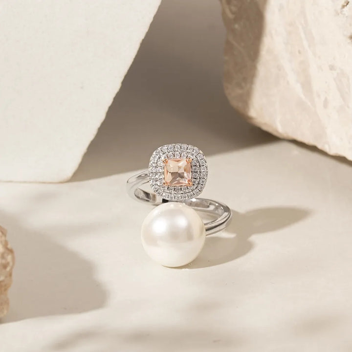 Bright Pearl Morganite Crystal Square Ring, Rhodium Plated