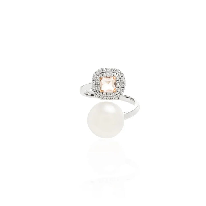 Bright Pearl Morganite Crystal Square Ring, Rhodium Plated