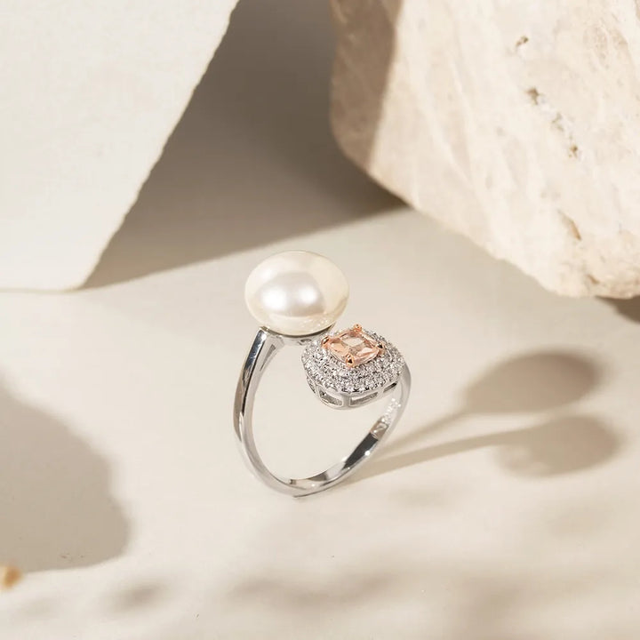 Bright Pearl Morganite Crystal Square Ring, Rhodium Plated
