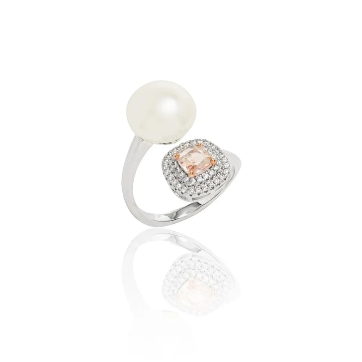 Bright Pearl Morganite Crystal Square Ring, Rhodium Plated