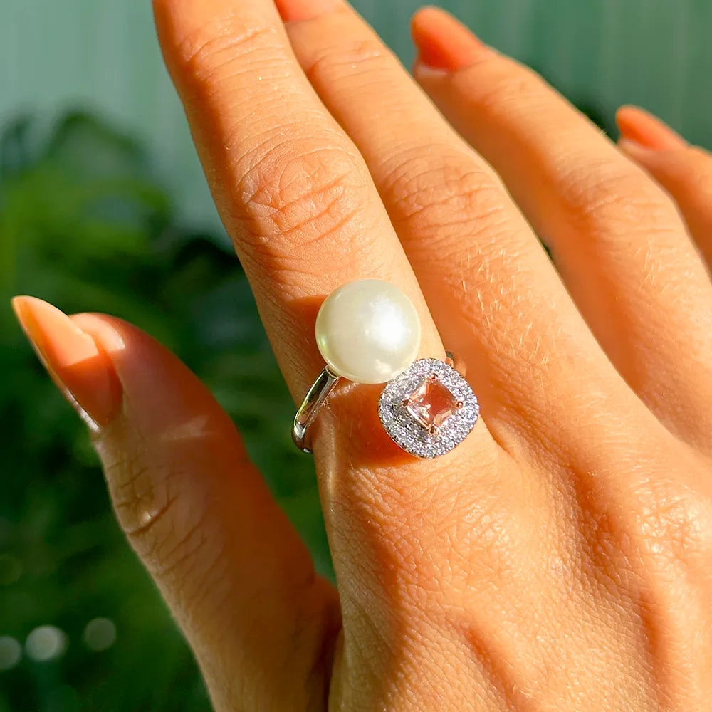 Bright Pearl Morganite Crystal Square Ring, Rhodium Plated