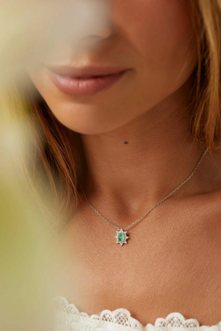 Bright Petite Oval Colombian Emerald Fusion & CZ Pendant Necklace 48cm, 925 Sterling Silver