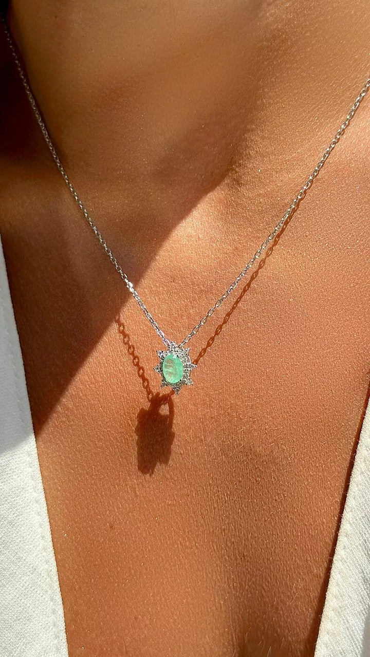 Bright Petite Oval Colombian Emerald Fusion & CZ Pendant Necklace 48cm, 925 Sterling Silver