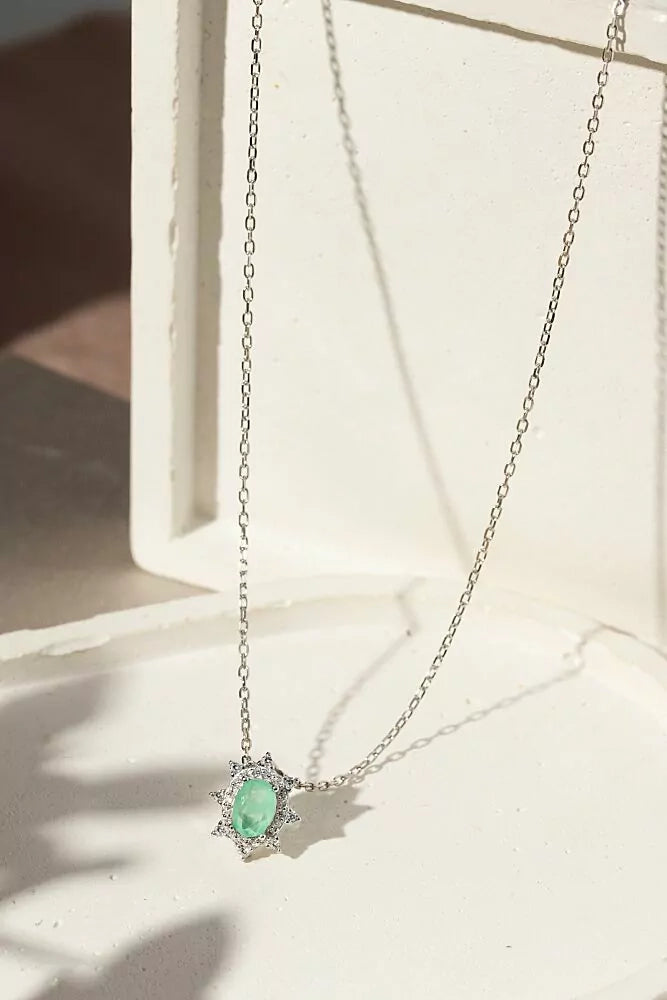 Bright Petite Oval Colombian Emerald Fusion & CZ Pendant Necklace 48cm, 925 Sterling Silver