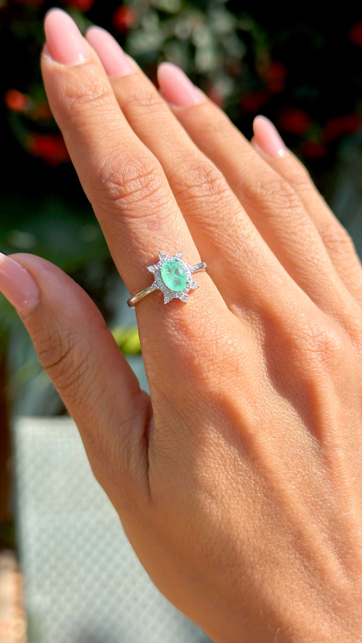 Bright Petite Oval Colombian Emerald Fusion & CZ Ring, 925 Sterling Silver