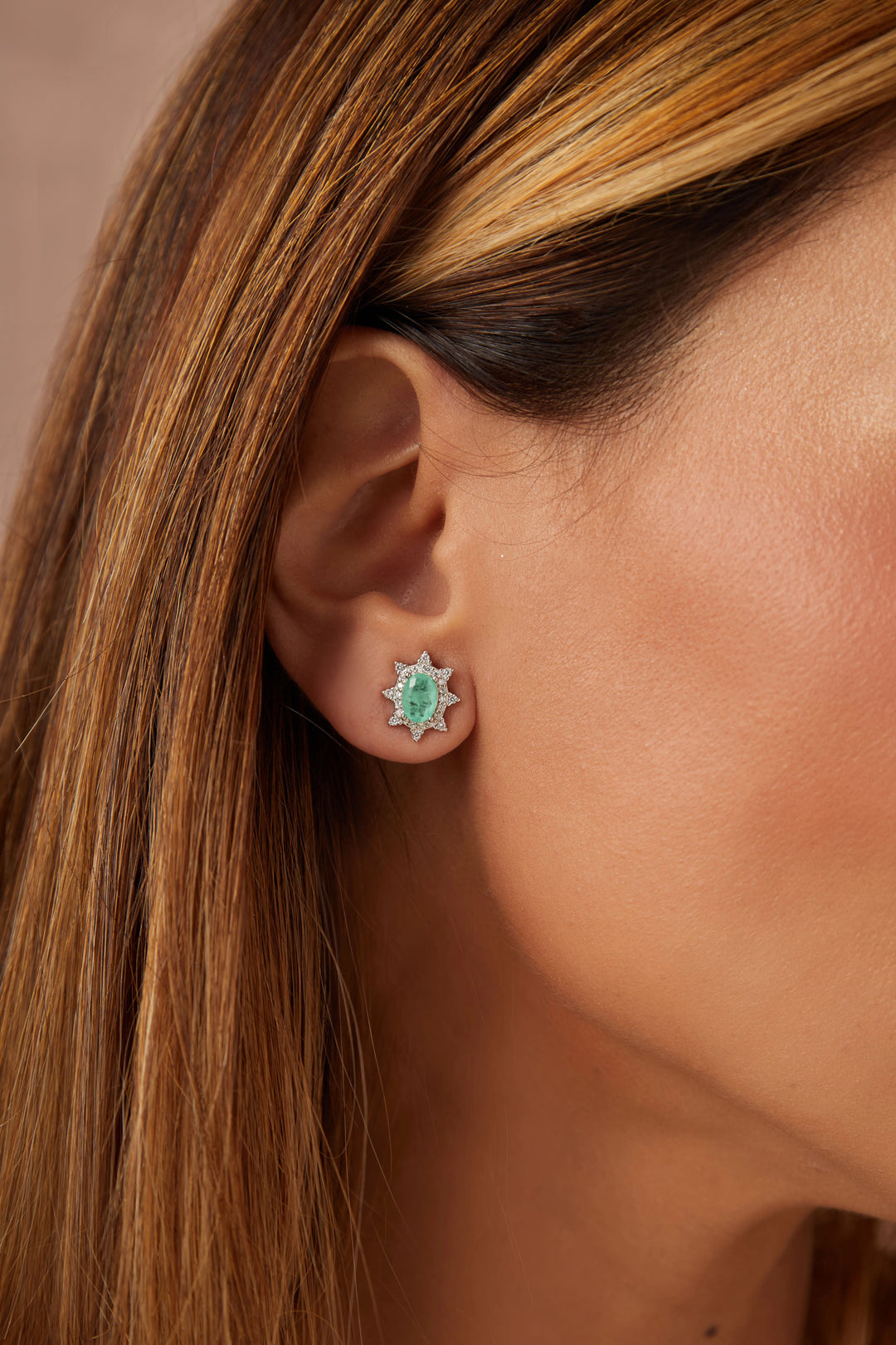Bright Petite Oval Colombian Emerald Fusion & CZ Stud Earrings, 925 Sterling Silver