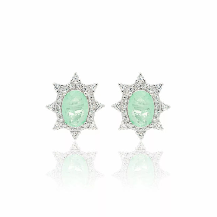 Bright Petite Oval Colombian Emerald Fusion & CZ Stud Earrings, 925 Sterling Silver