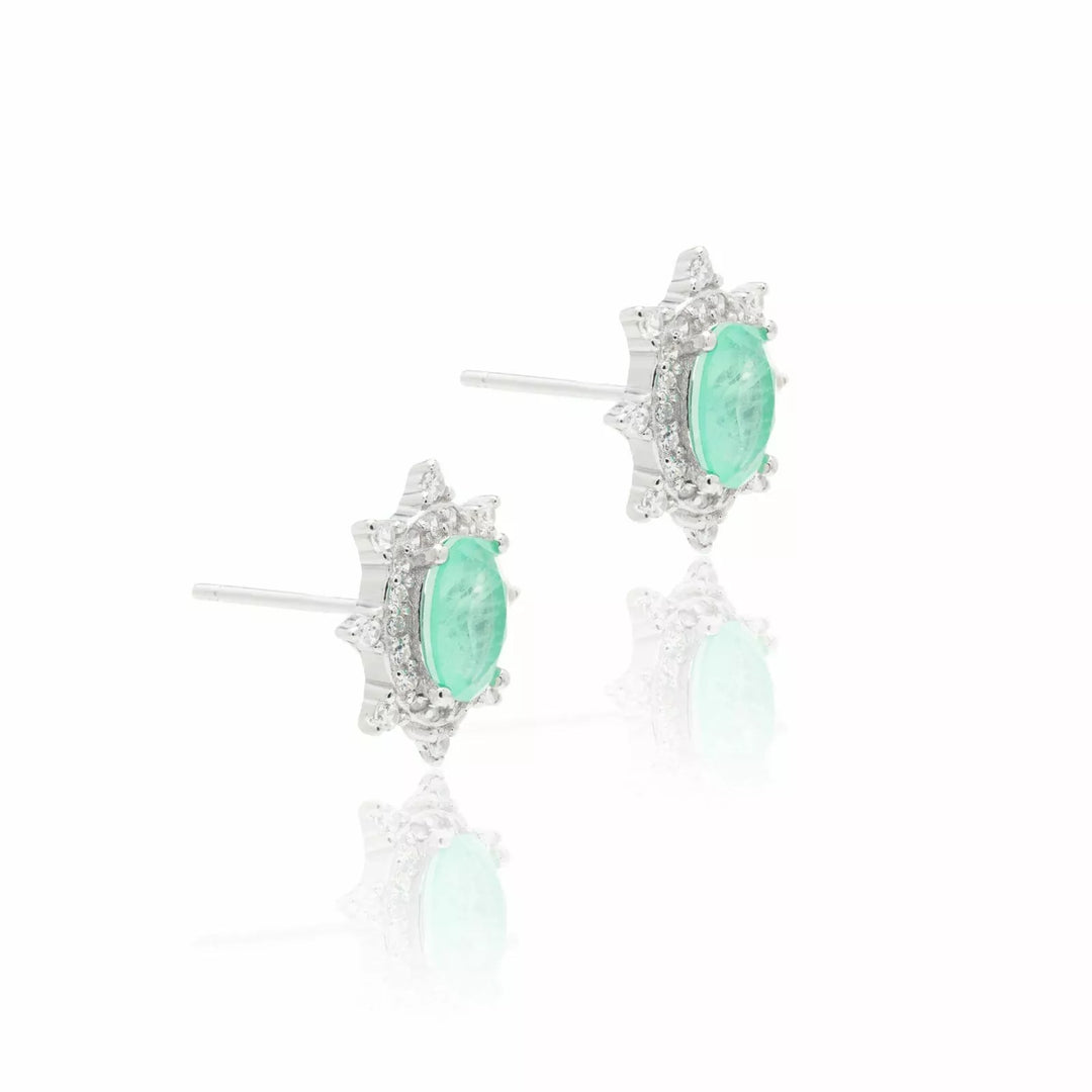 Bright Petite Oval Colombian Emerald Fusion & CZ Stud Earrings, 925 Sterling Silver