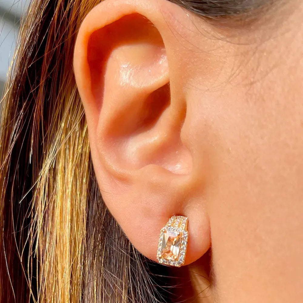 Woman wears Pondage Crystal with White Cubic Zirconia Stud  Earrings, 18k Gold Filled, Elladora Store Australia