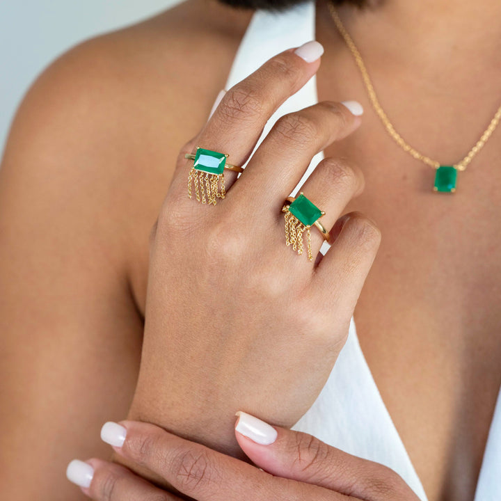 Bright Rectangle Emerald Fusion Fringe Ring, 18k Gold Filled