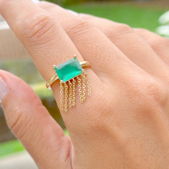 Bright Rectangle Emerald Fusion Fringe Ring, 18k Gold Filled