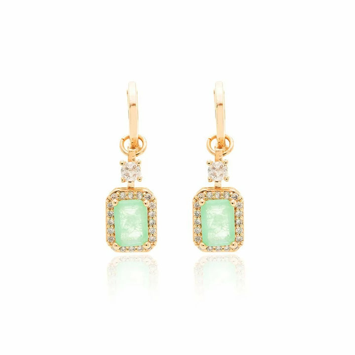 Bright Rectangular Colombian Emerald Fusion Charm Hoops Earrings, 18k Gold Filled