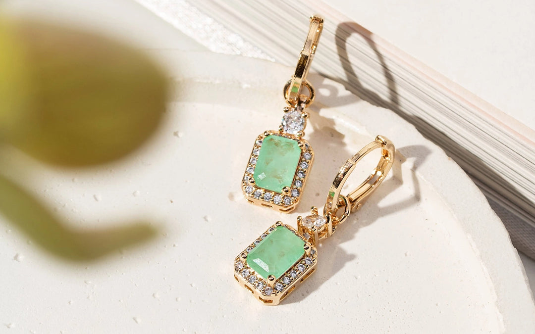Bright Rectangular Colombian Emerald Fusion Charm Hoops Earrings, 18k Gold Filled