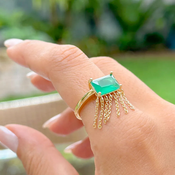 Bright Rectangle Emerald Fusion Fringe Ring, 18k Gold Filled