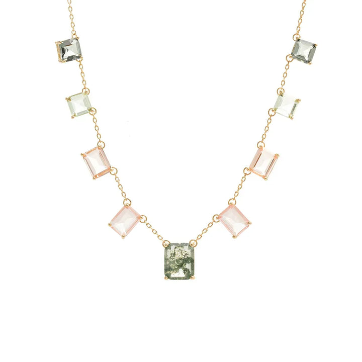 Bright Rectangular & Shapes Crystals Necklace, 18k Gold Filled