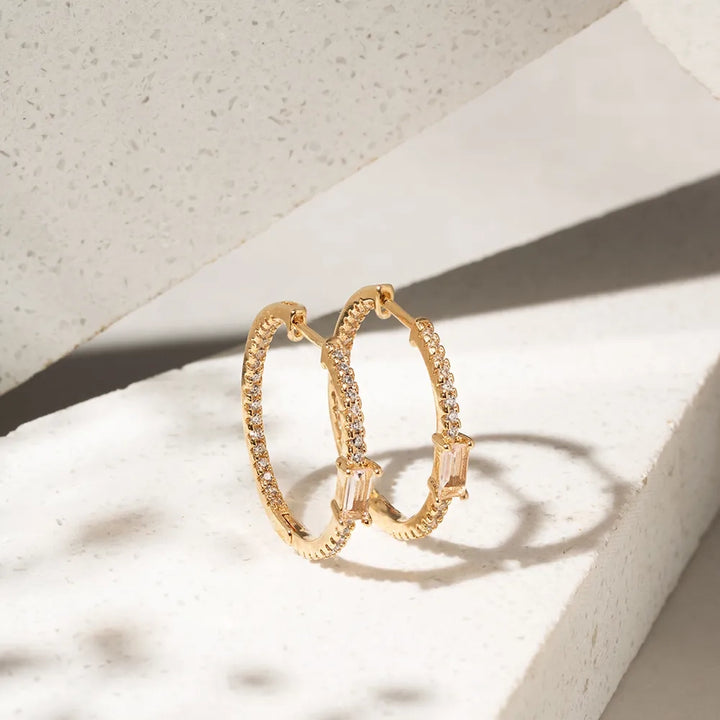 Bright Rhodolite Crystal Hoop Earrings 25mm, 18k Gold Filled