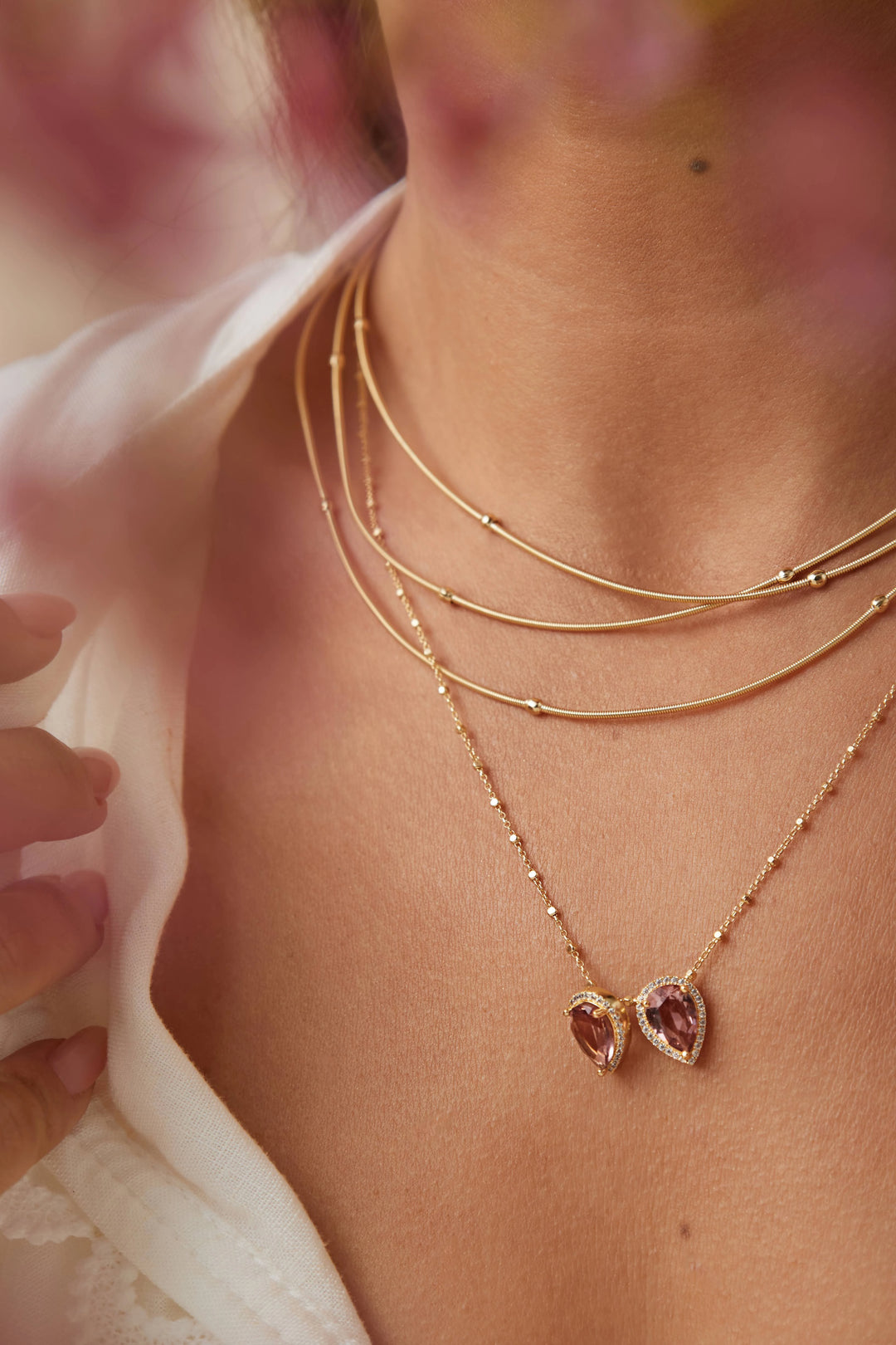 Bright Rhodolite Crystal Teardrop Scapular Necklace, 18k Gold Filled