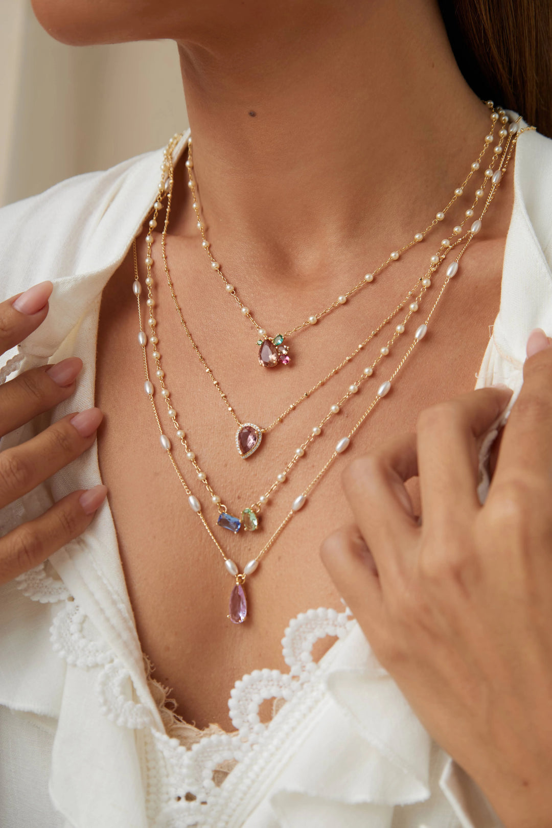 Bright Rhodolite Crystal Teardrop Scapular Necklace, 18k Gold Filled