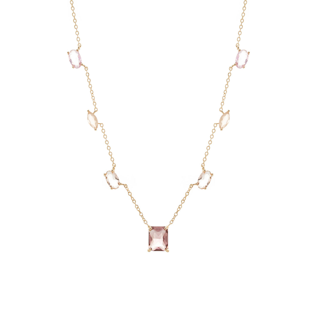 Rhodolite, Woman wears Rhodolite, morganite and quartz crystals shapes pendante necklace 18k gold filled Elladora Store Australia