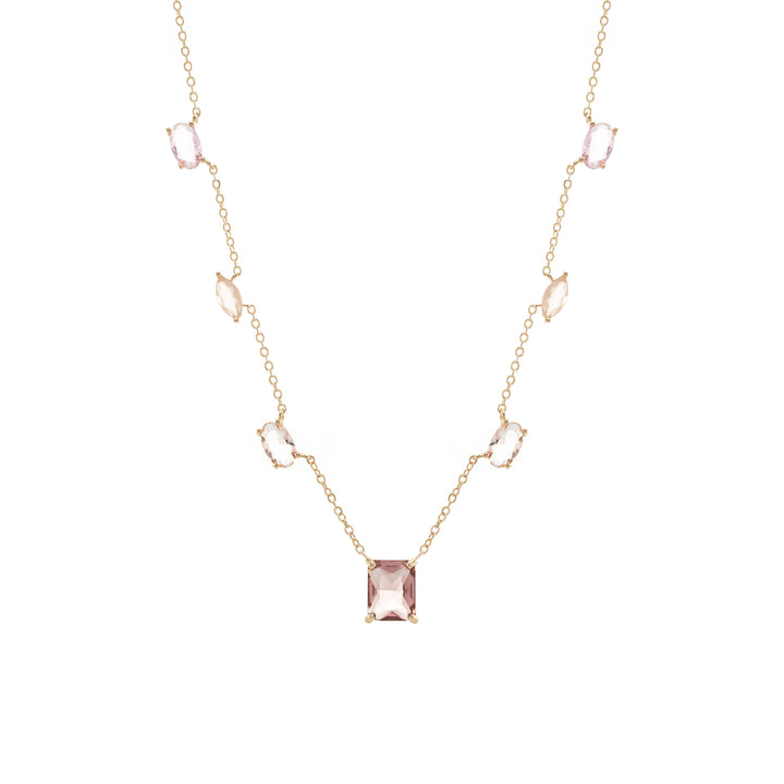 Rhodolite, Woman wears Rhodolite, morganite and quartz crystals shapes pendante necklace 18k gold filled Elladora Store Australia