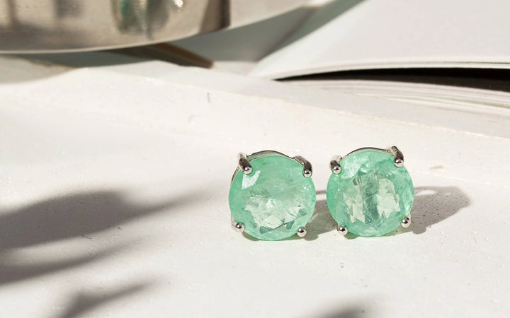 Bright Round Colombian Emerald Fusion Stud Earrings, 925 Sterling Silver