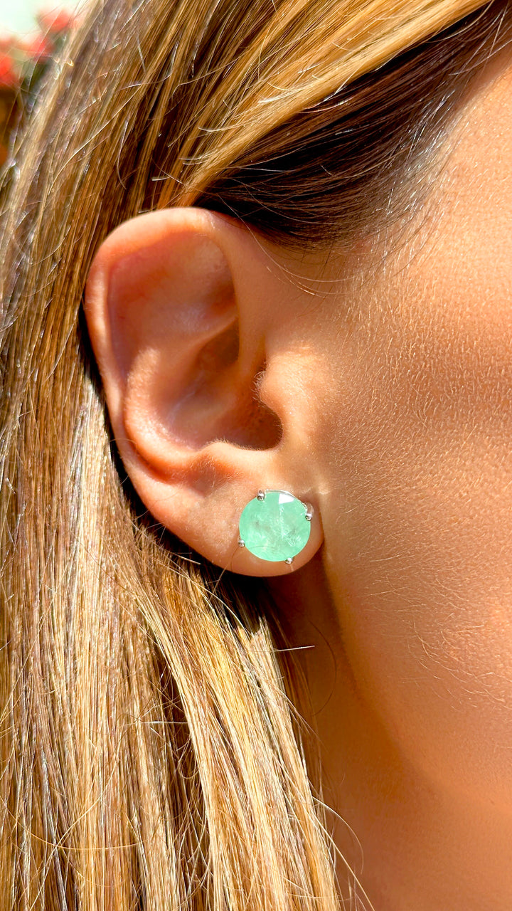 Bright Round Colombian Emerald Fusion Stud Earrings, 925 Sterling Silver