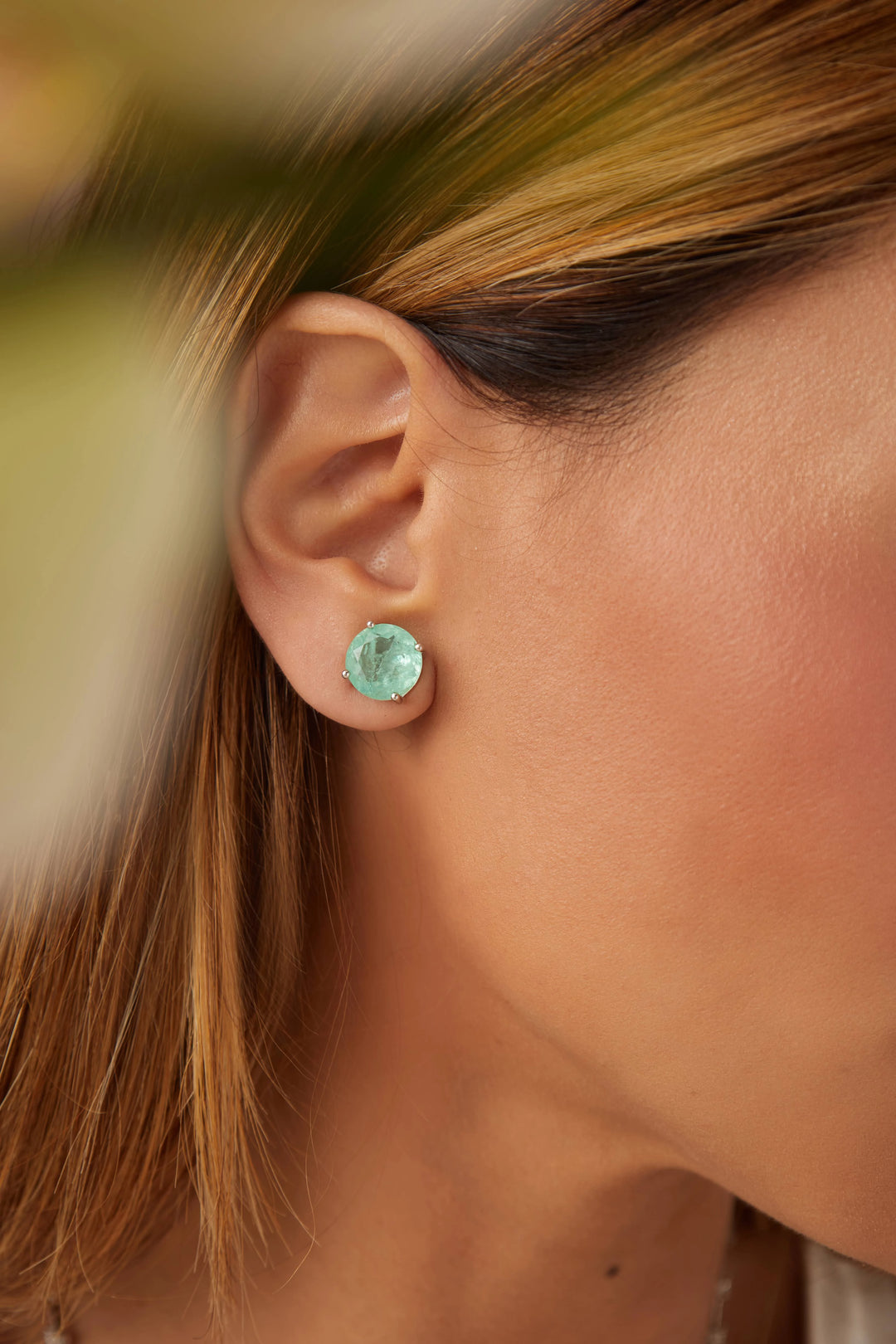 Bright Round Colombian Emerald Fusion Stud Earrings, 925 Sterling Silver