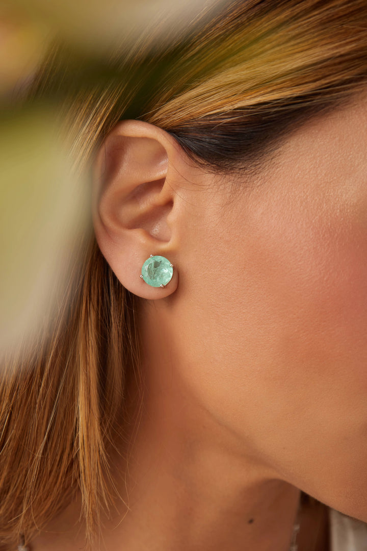 Bright Round Colombian Emerald Fusion Stud Earrings, 925 Sterling Silver