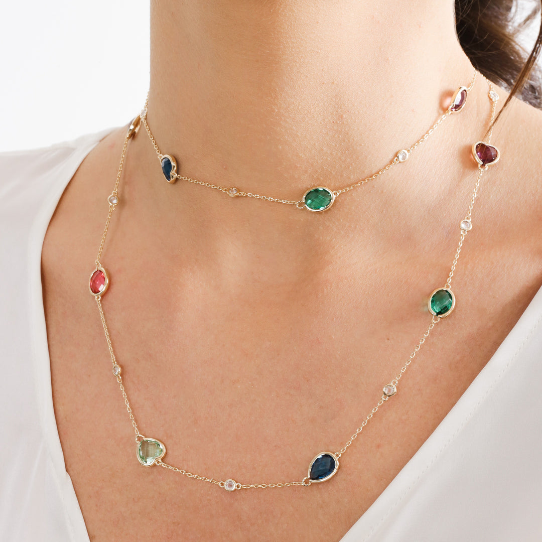 Bright Shapes Multicolour Crystal Long Necklace, 18k Gold Filled