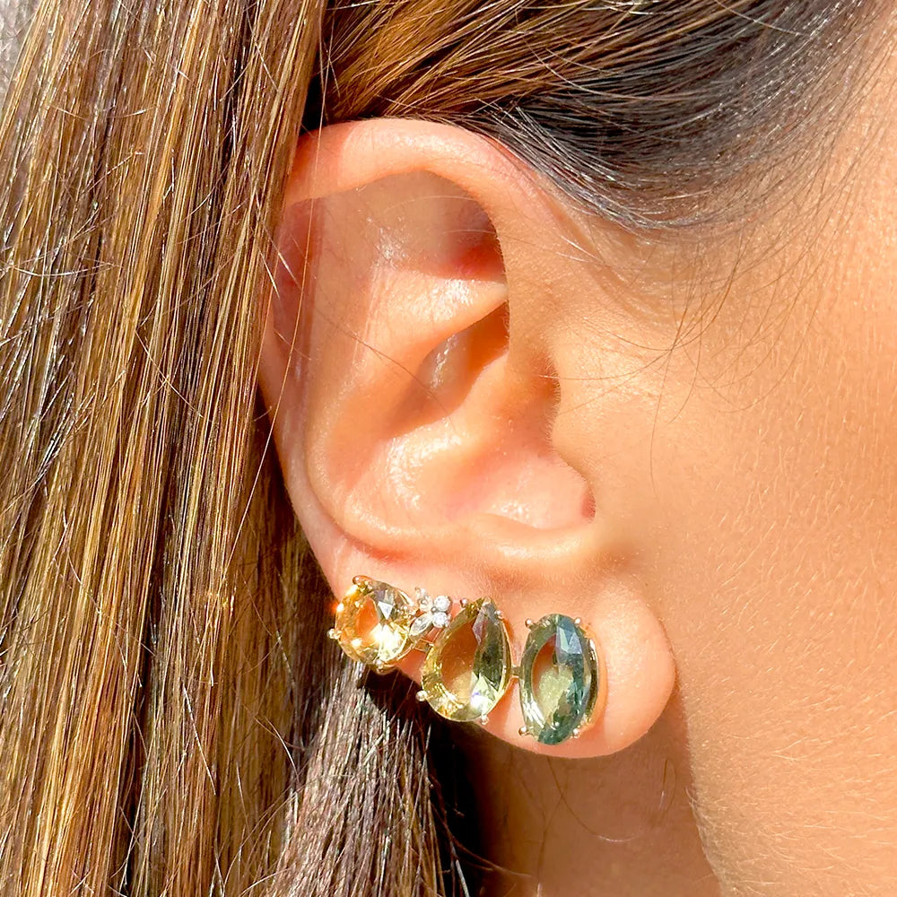 Woman wears Bright Smokey Topaz & Green Amethyst Crystals Ear Cuff Earrings, 18K Gold Filled Elladora Store Australia