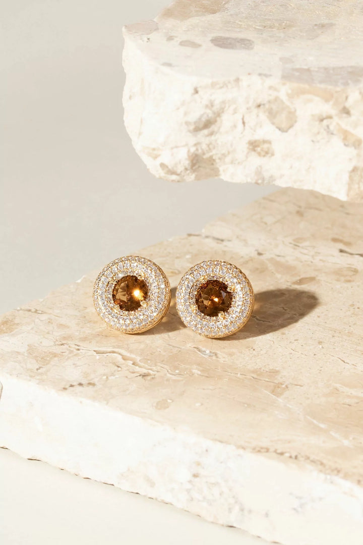 Smoky Topaz Crystal & White Zirconia Full Pavé Disc Earrings, 18k Gold Filled