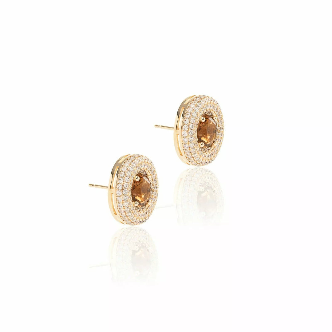 Smoky Topaz Crystal & White Zirconia Full Pavé Disc Earrings, 18k Gold Filled