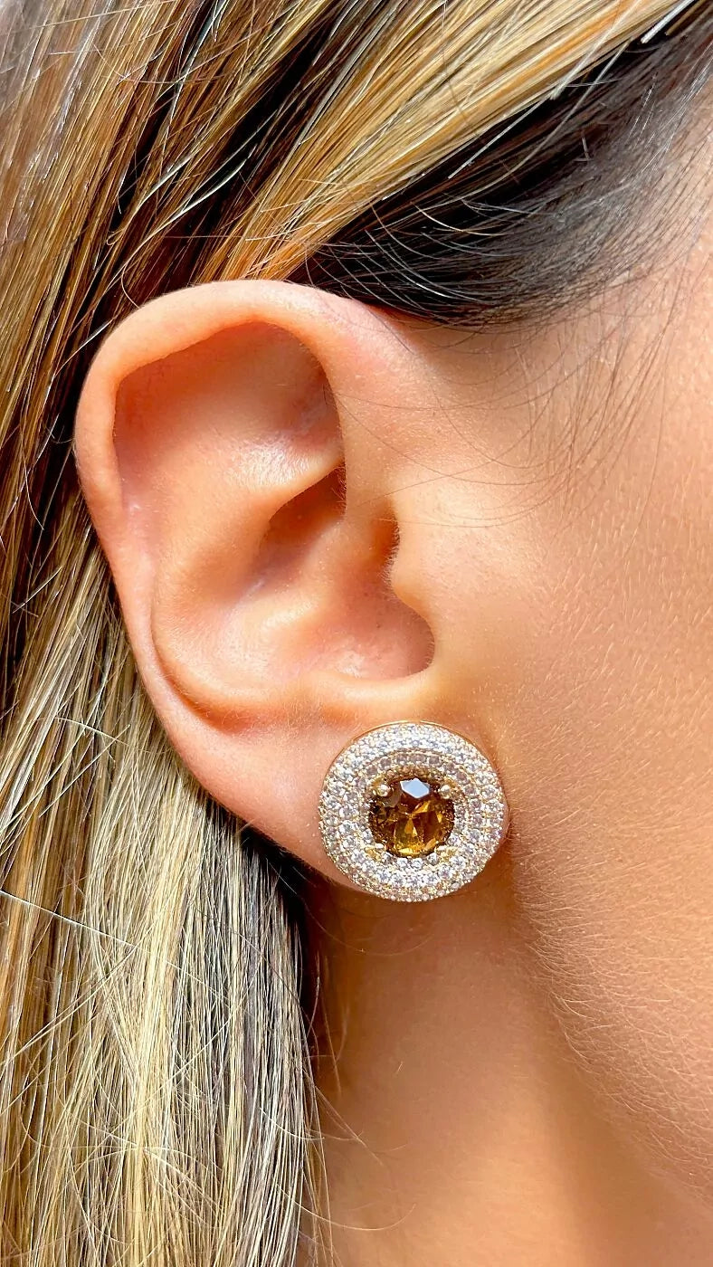 Smoky Topaz Crystal & White Zirconia Full Pavé Disc Earrings, 18k Gold Filled