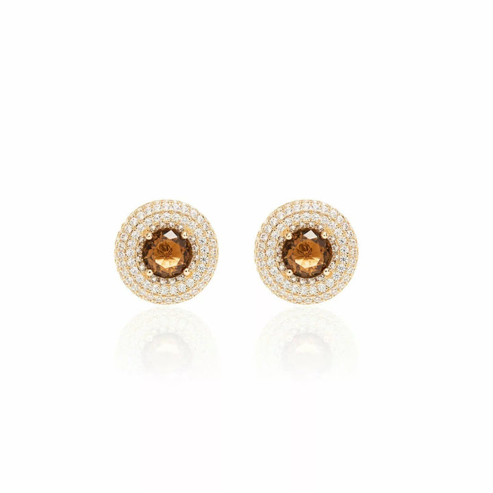 Smoky Topaz Crystal & White Zirconia Full Pavé Disc Earrings, 18k Gold Filled