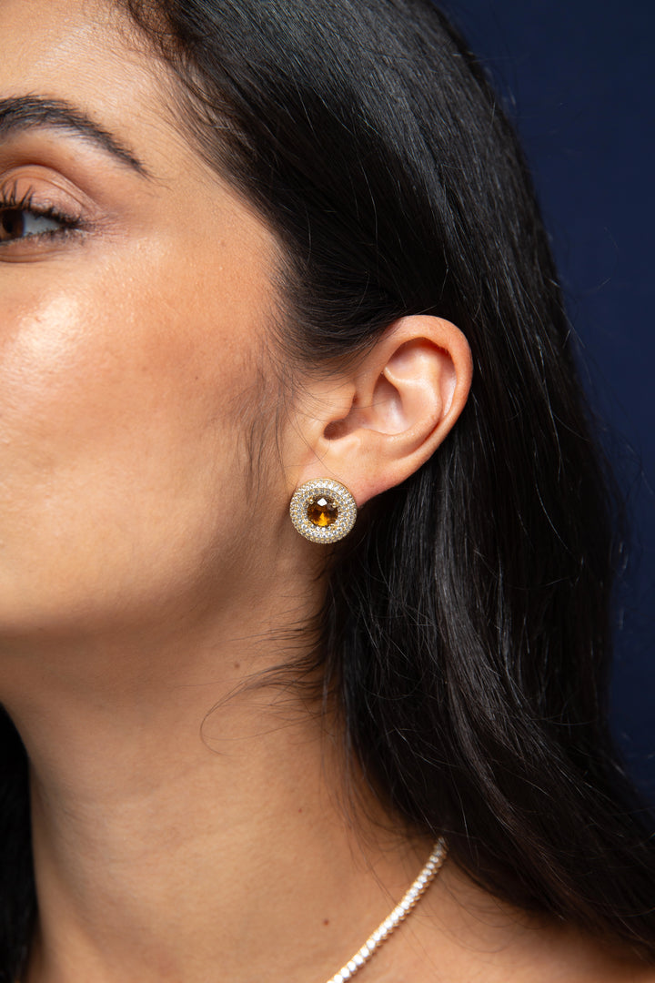 Smoky Topaz Crystal & White Zirconia Full Pavé Disc Earrings, 18k Gold Filled