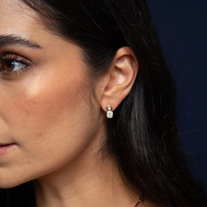 Bright Square Drop English Prong-Set Moissanite Stud Earrings, 925 Sterling Silver & Gold