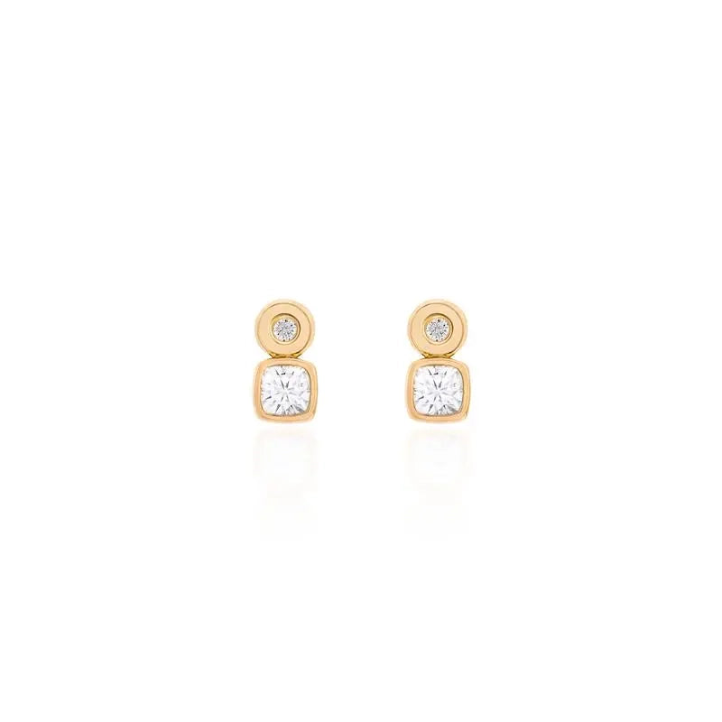 Bright Square Drop English Prong-Set Moissanite Stud Earrings, 925 Sterling Silver & Gold