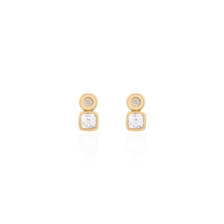 Bright Square Drop English Prong-Set Moissanite Stud Earrings, 925 Sterling Silver & Gold