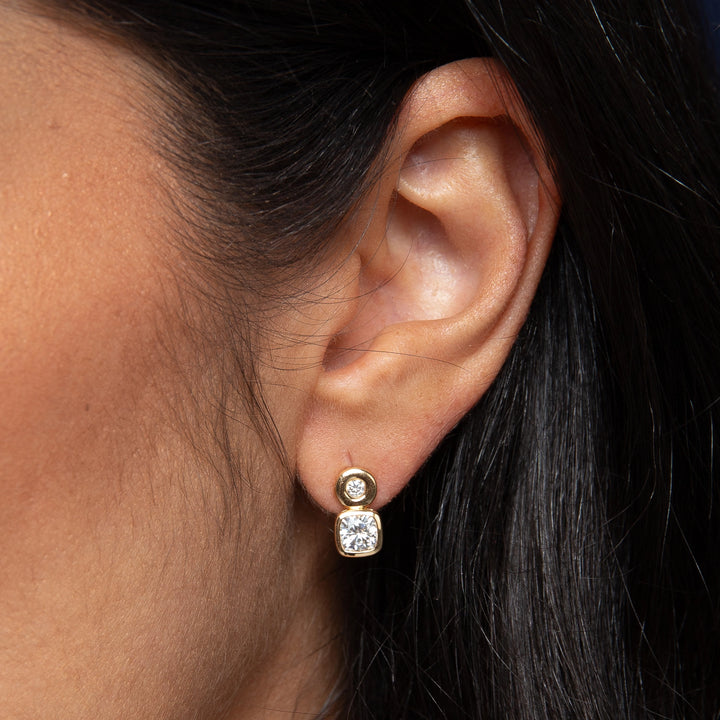 Bright Square Drop English Prong-Set Moissanite Stud Earrings, 925 Sterling Silver & Gold