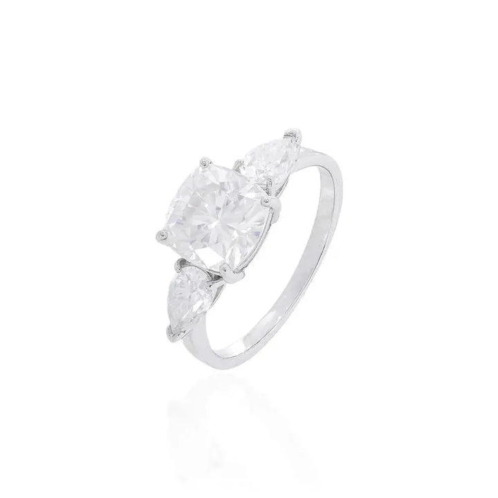 Bright Square & Teardrop Moissanite Ring, 925 Sterling Silver & Rhodium
