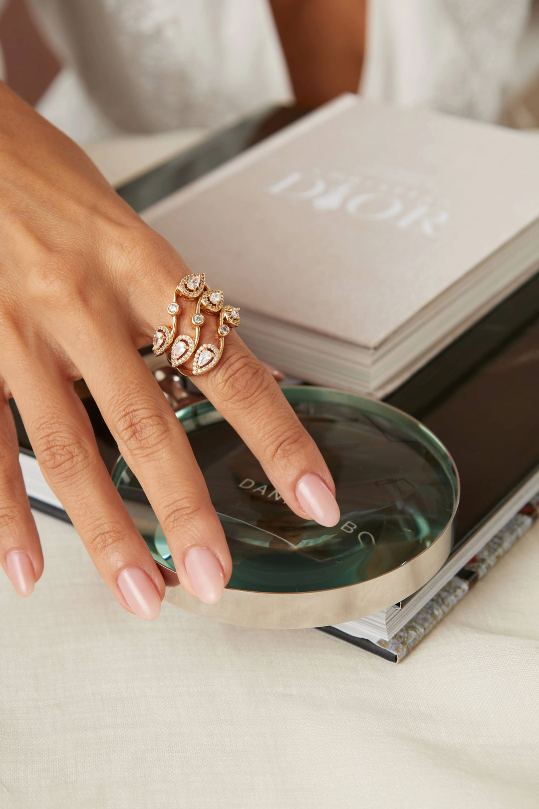 Bright Teardrop Twisted  White Cubic Zirconia Ring, 18k Gold Plated