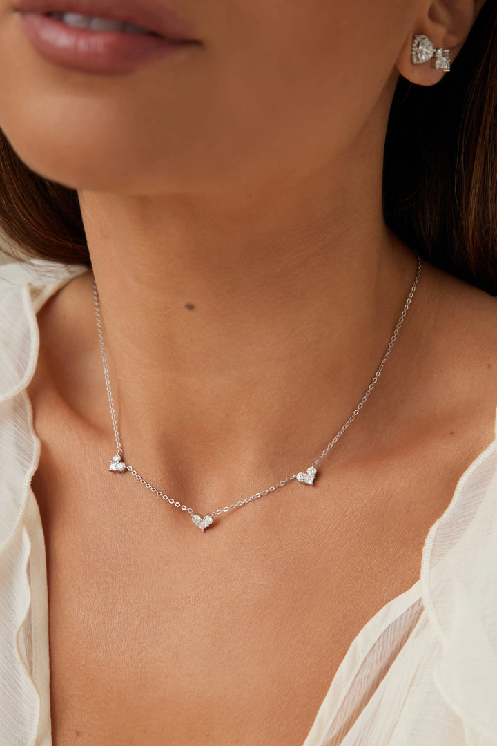 Bright Moissanite Three Heart Necklace 3mm, 925 Sterling Silver Rhodium Plated