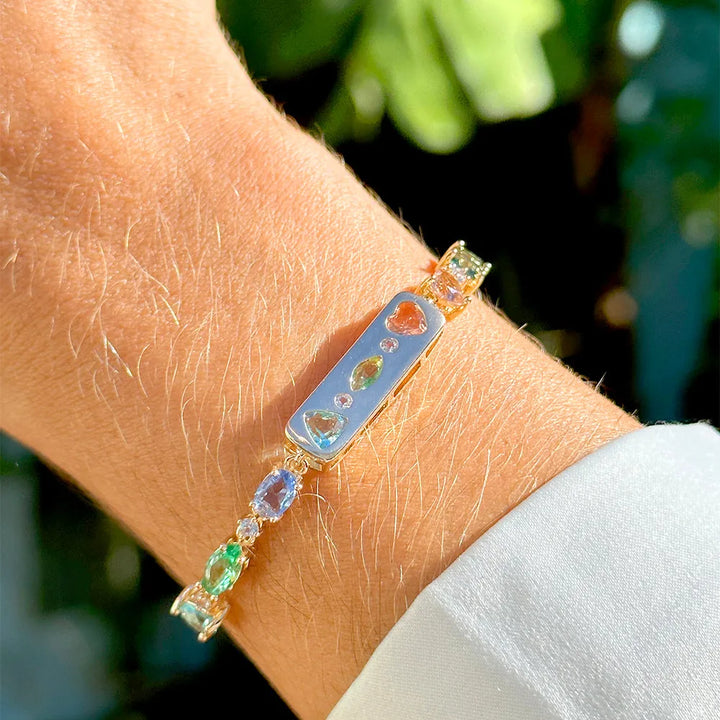 Bright Topaz, Paraiba & Morganite Shapes Crystal Bracelet, 18k Gold Filled