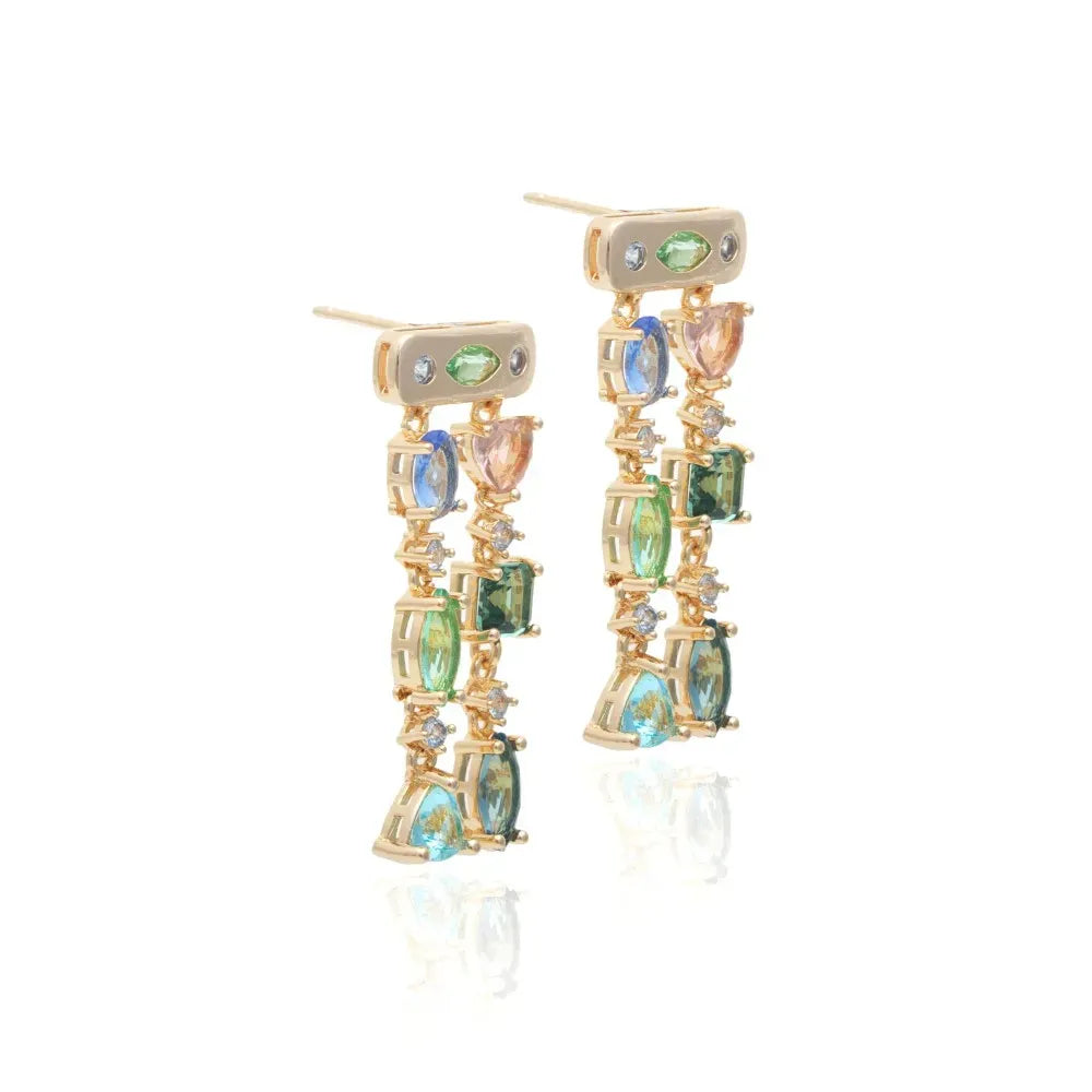 Bright Topaz, Paraiba & Morganite Shapes Crystal Earrings, 18k Gold Filled