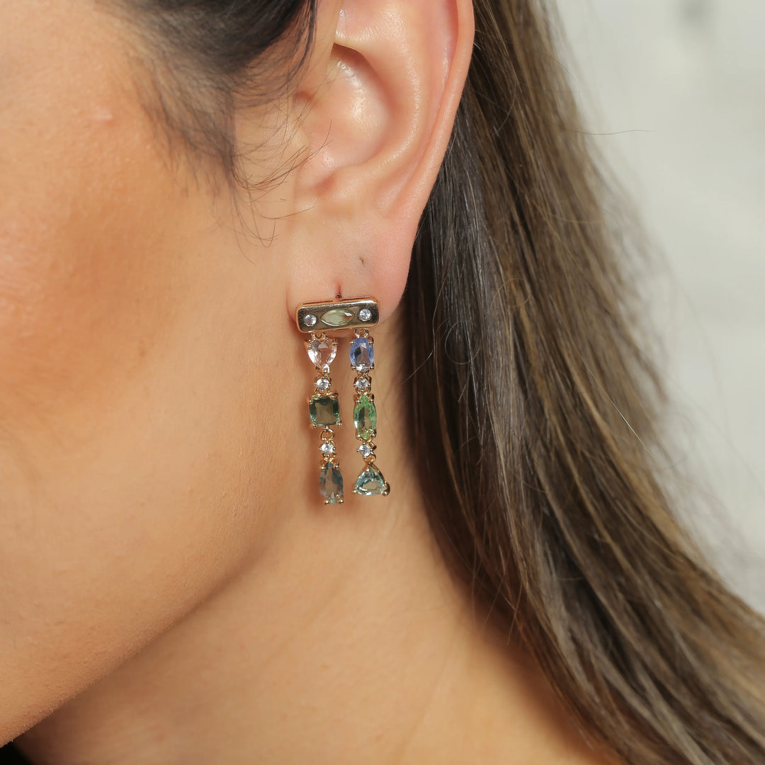 Bright Topaz, Paraiba & Morganite Shapes Crystal Earrings, 18k Gold Filled