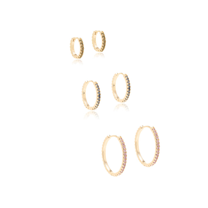 Bright Trio Zirconia Hoop Earrings, 18k Gold Filled